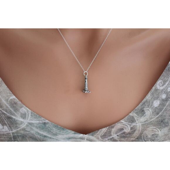 Sterling Silver Oxidized Lighthouse Charm Necklace - Picture 1 of 7